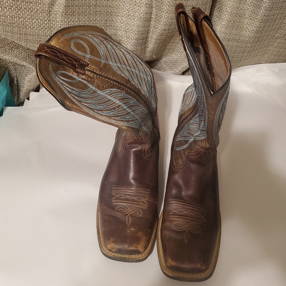 ARIAT ROUNDUP LEATHER WOMEN PULL ON COWBOY BOOT WIDE CALF. brown Gold Turquise. - Picture 3 of 16